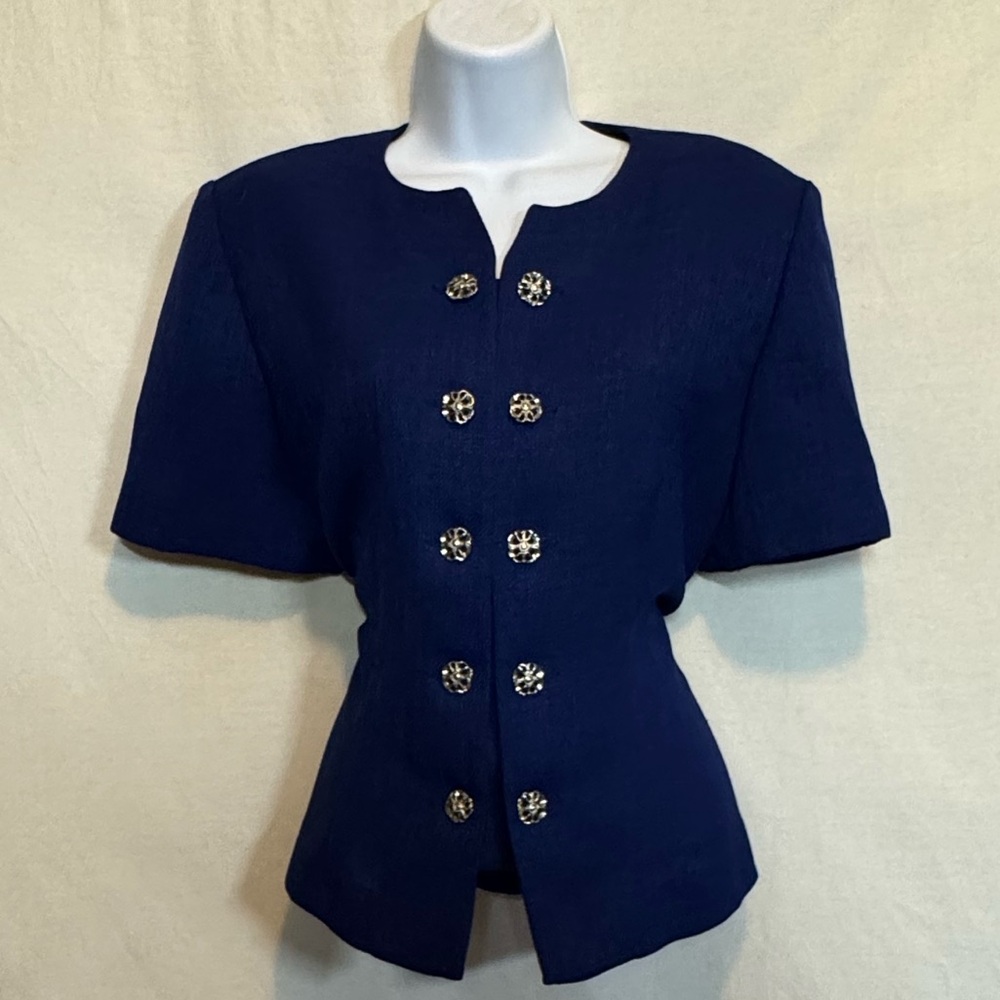 D-15 Leslie Fay Blue Short Sleeve Button Front Suit Jacket Size 14P‎